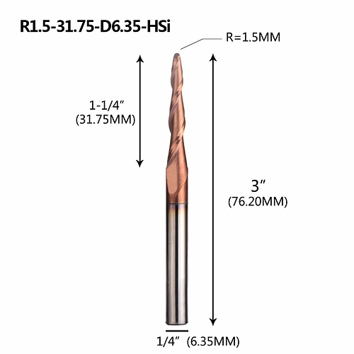 SpeTool Tapered Ball Nose End Mill 1/4" Shank with1.5mm Ball Radio 4.82 Deg Router bits for CNC Machine 3D Engraving Carving